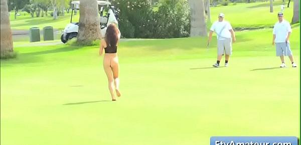  Sexy brunette teen amateur Anyah run on a golf course naked and fingers herself deep